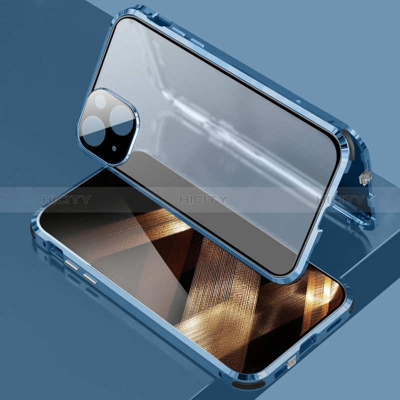 Handyhülle Hülle Luxus Aluminium Metall Rahmen Spiegel 360 Grad Ganzkörper Tasche für Apple iPhone 15 Blau Plus