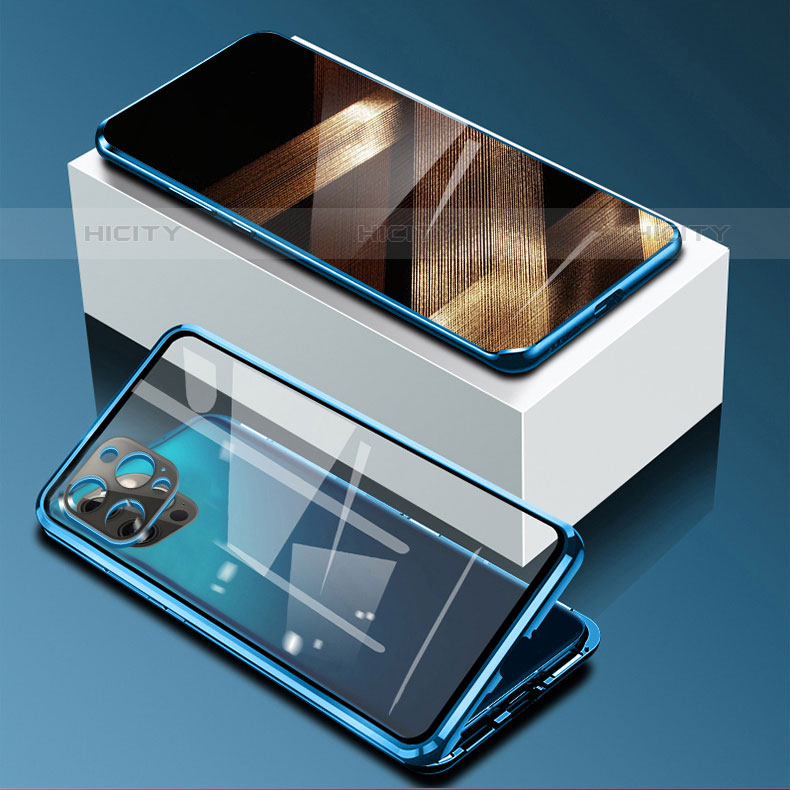 Handyhülle Hülle Luxus Aluminium Metall Rahmen Spiegel 360 Grad Ganzkörper Tasche für Apple iPhone 15 Pro Blau Plus