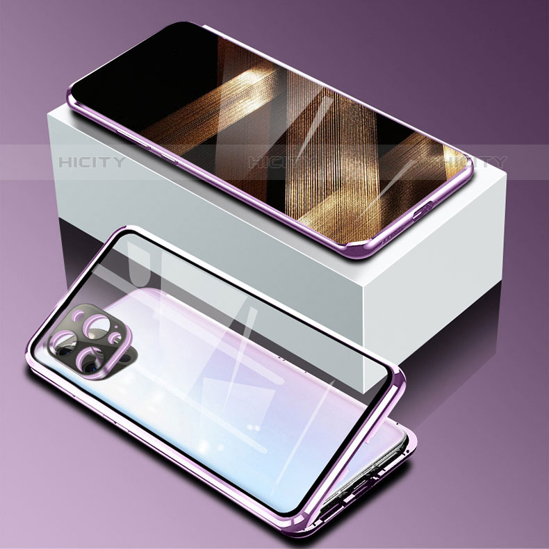 Handyhülle Hülle Luxus Aluminium Metall Rahmen Spiegel 360 Grad Ganzkörper Tasche für Apple iPhone 15 Pro Max Violett Plus