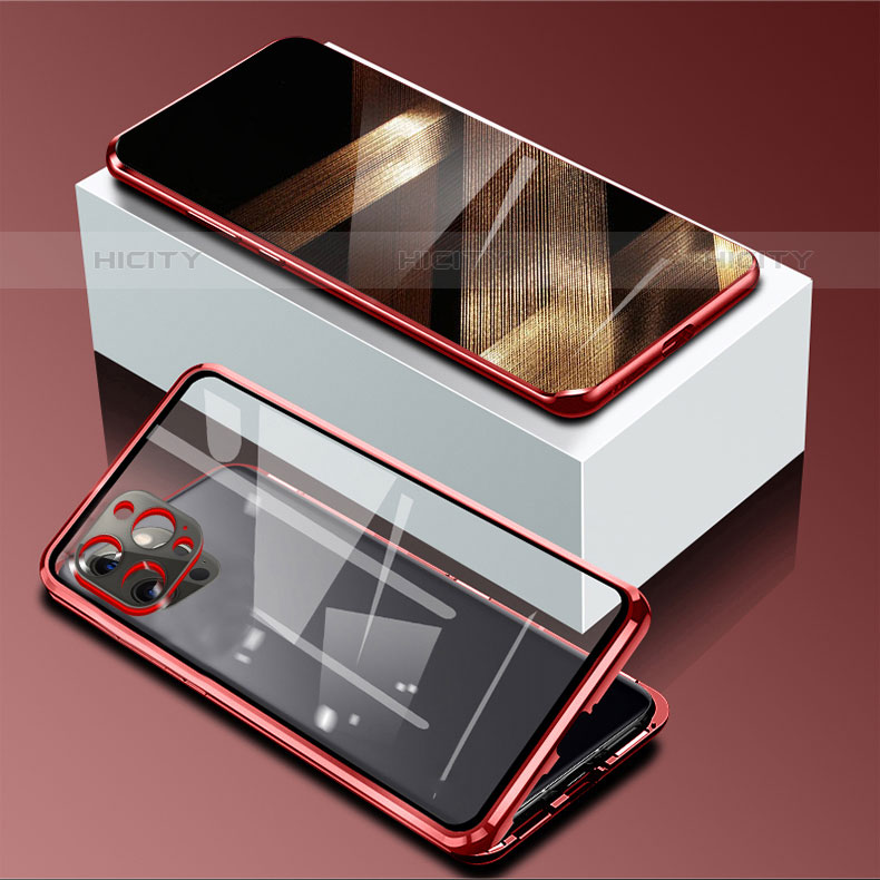 Handyhülle Hülle Luxus Aluminium Metall Rahmen Spiegel 360 Grad Ganzkörper Tasche für Apple iPhone 15 Pro Rot