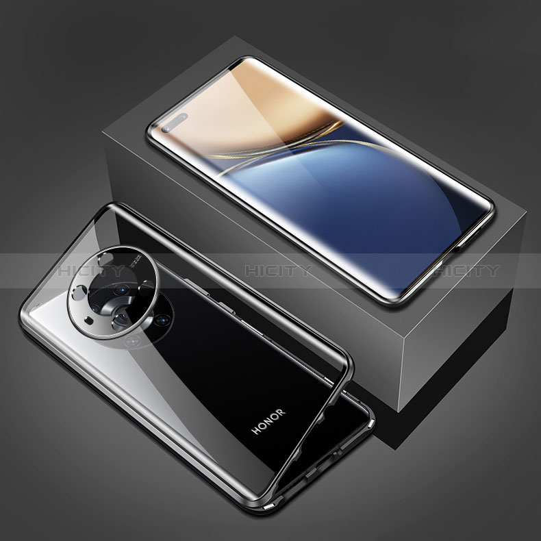 Handyhülle Hülle Luxus Aluminium Metall Rahmen Spiegel 360 Grad Ganzkörper Tasche für Huawei Honor Magic3 5G Schwarz