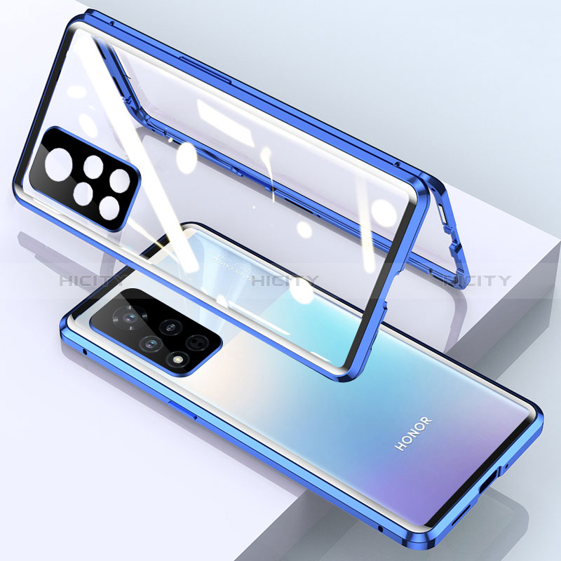 Handyhülle Hülle Luxus Aluminium Metall Rahmen Spiegel 360 Grad Ganzkörper Tasche für Huawei Honor V40 5G Blau Plus