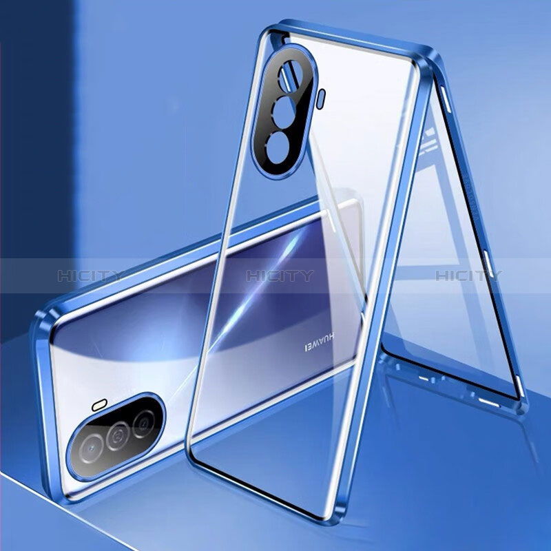 Handyhülle Hülle Luxus Aluminium Metall Rahmen Spiegel 360 Grad Ganzkörper Tasche für Huawei Nova Y70 Plus Blau