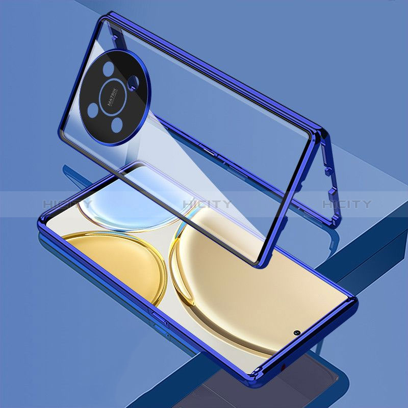 Handyhülle Hülle Luxus Aluminium Metall Rahmen Spiegel 360 Grad Ganzkörper Tasche für Huawei Nova Y91 Blau