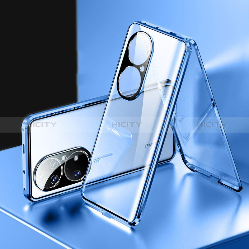 Handyhülle Hülle Luxus Aluminium Metall Rahmen Spiegel 360 Grad Ganzkörper Tasche für Huawei P50 Blau