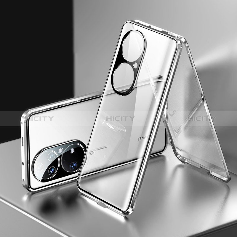 Handyhülle Hülle Luxus Aluminium Metall Rahmen Spiegel 360 Grad Ganzkörper Tasche für Huawei P50 Pro Silber