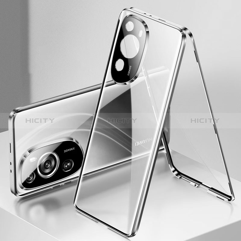 Handyhülle Hülle Luxus Aluminium Metall Rahmen Spiegel 360 Grad Ganzkörper Tasche für Huawei P60 Art Silber