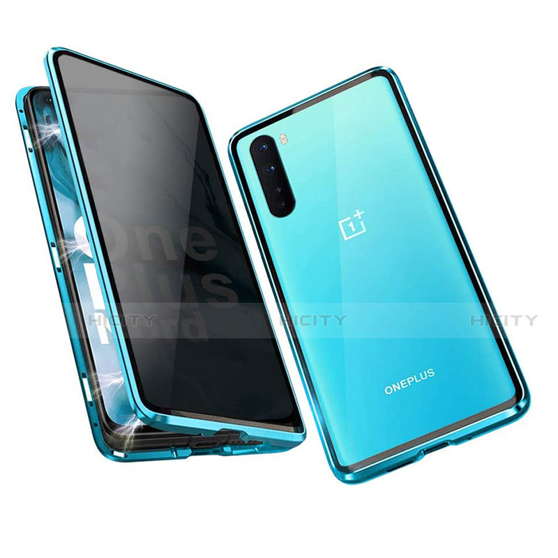 Handyhülle Hülle Luxus Aluminium Metall Rahmen Spiegel 360 Grad Ganzkörper Tasche für OnePlus Nord Blau