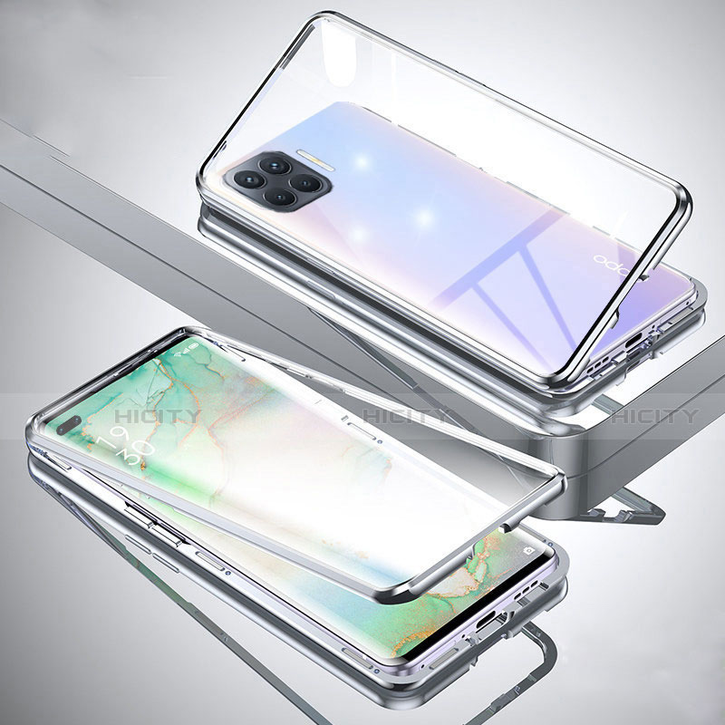 Handyhülle Hülle Luxus Aluminium Metall Rahmen Spiegel 360 Grad Ganzkörper Tasche für Oppo A93 Silber Plus