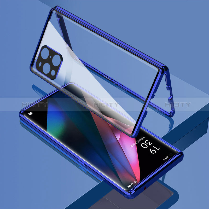 Handyhülle Hülle Luxus Aluminium Metall Rahmen Spiegel 360 Grad Ganzkörper Tasche für Oppo Find X3 5G Blau