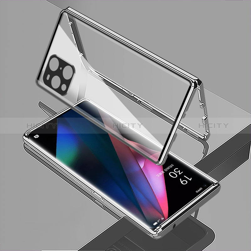 Handyhülle Hülle Luxus Aluminium Metall Rahmen Spiegel 360 Grad Ganzkörper Tasche für Oppo Find X3 5G Silber