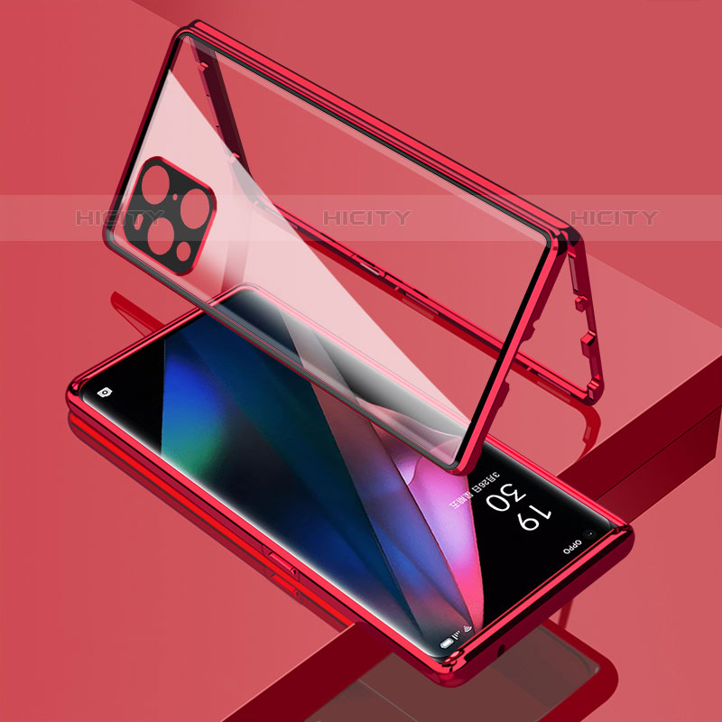 Handyhülle Hülle Luxus Aluminium Metall Rahmen Spiegel 360 Grad Ganzkörper Tasche für Oppo Find X3 Pro 5G Rot Plus