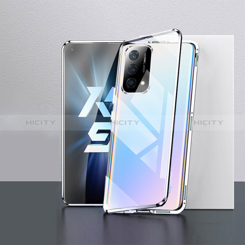 Handyhülle Hülle Luxus Aluminium Metall Rahmen Spiegel 360 Grad Ganzkörper Tasche für Oppo K9 5G Silber Plus