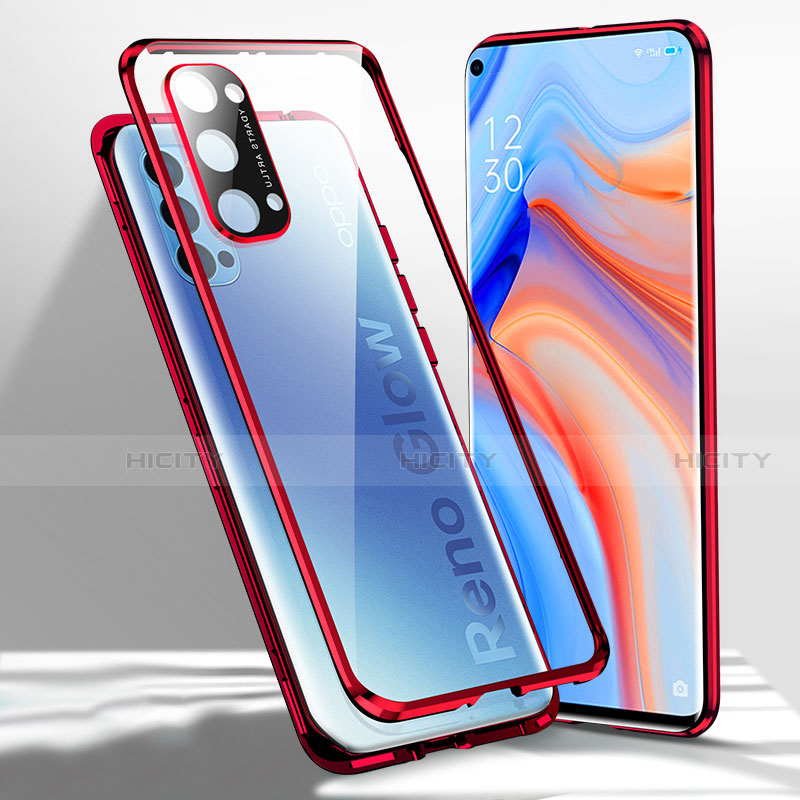 Handyhülle Hülle Luxus Aluminium Metall Rahmen Spiegel 360 Grad Ganzkörper Tasche für Oppo Reno4 5G Rot