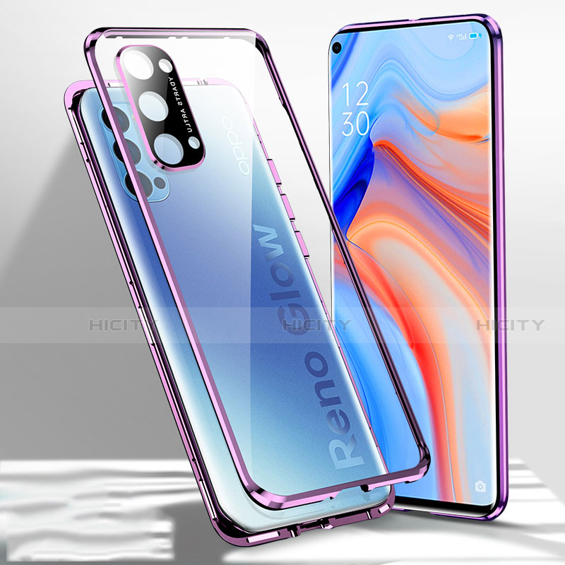 Handyhülle Hülle Luxus Aluminium Metall Rahmen Spiegel 360 Grad Ganzkörper Tasche für Oppo Reno4 5G Violett