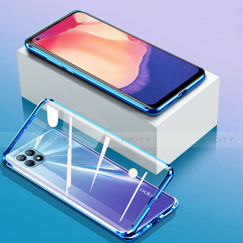 Handyhülle Hülle Luxus Aluminium Metall Rahmen Spiegel 360 Grad Ganzkörper Tasche für Oppo Reno4 SE 5G Blau