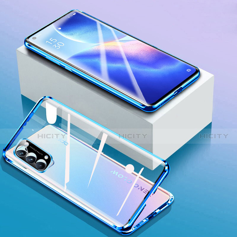 Handyhülle Hülle Luxus Aluminium Metall Rahmen Spiegel 360 Grad Ganzkörper Tasche für Oppo Reno5 5G Blau