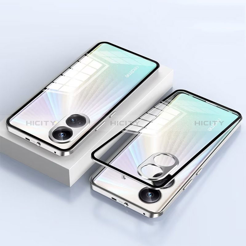 Handyhülle Hülle Luxus Aluminium Metall Rahmen Spiegel 360 Grad Ganzkörper Tasche für Realme 10 Pro+ Plus 5G Silber