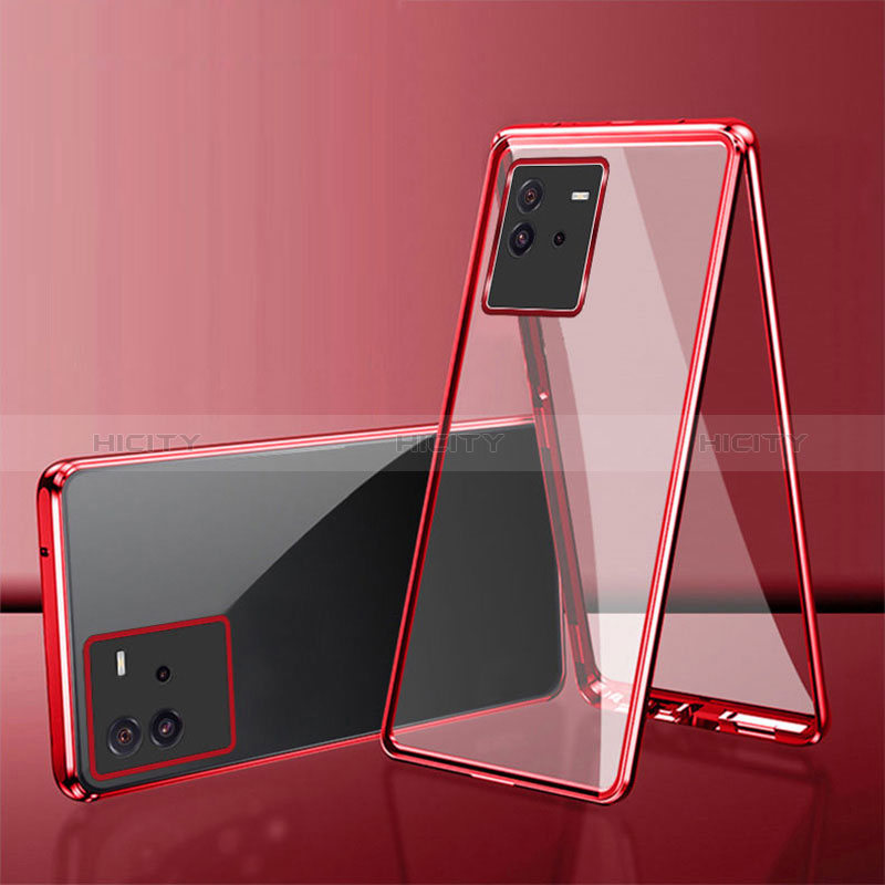 Handyhülle Hülle Luxus Aluminium Metall Rahmen Spiegel 360 Grad Ganzkörper Tasche für Vivo iQOO Neo6 SE 5G Rot