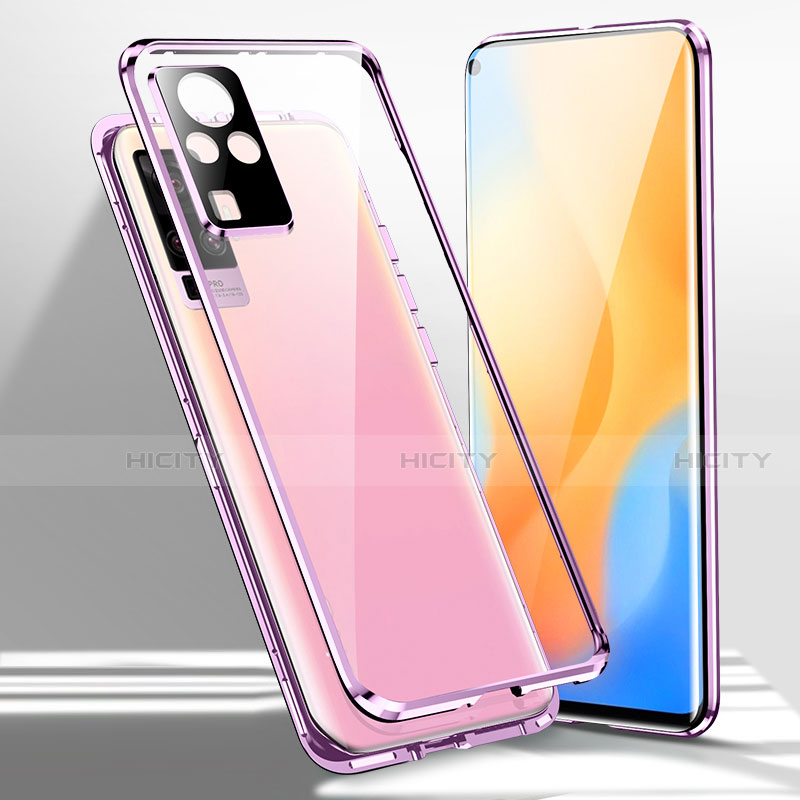 Handyhülle Hülle Luxus Aluminium Metall Rahmen Spiegel 360 Grad Ganzkörper Tasche für Vivo X50 Pro 5G Violett