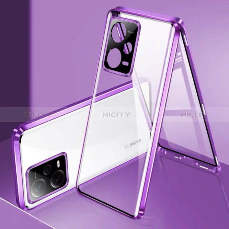 Handyhülle Hülle Luxus Aluminium Metall Rahmen Spiegel 360 Grad Ganzkörper Tasche für Xiaomi Redmi Note 12 5G Violett Plus