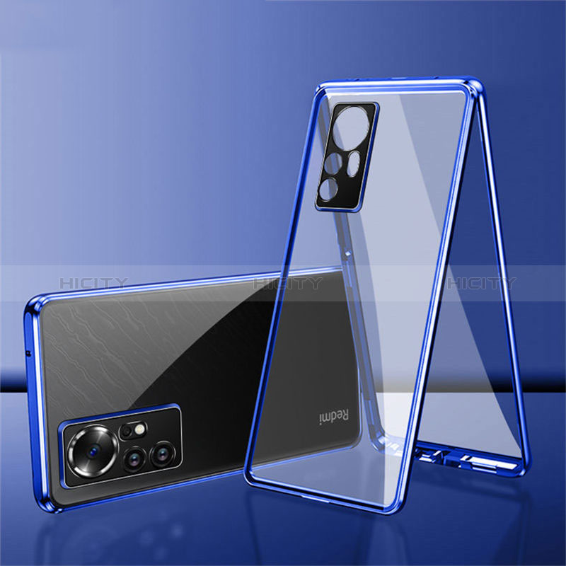 Handyhülle Hülle Luxus Aluminium Metall Rahmen Spiegel 360 Grad Ganzkörper Tasche für Xiaomi Redmi Note 12S Blau Plus