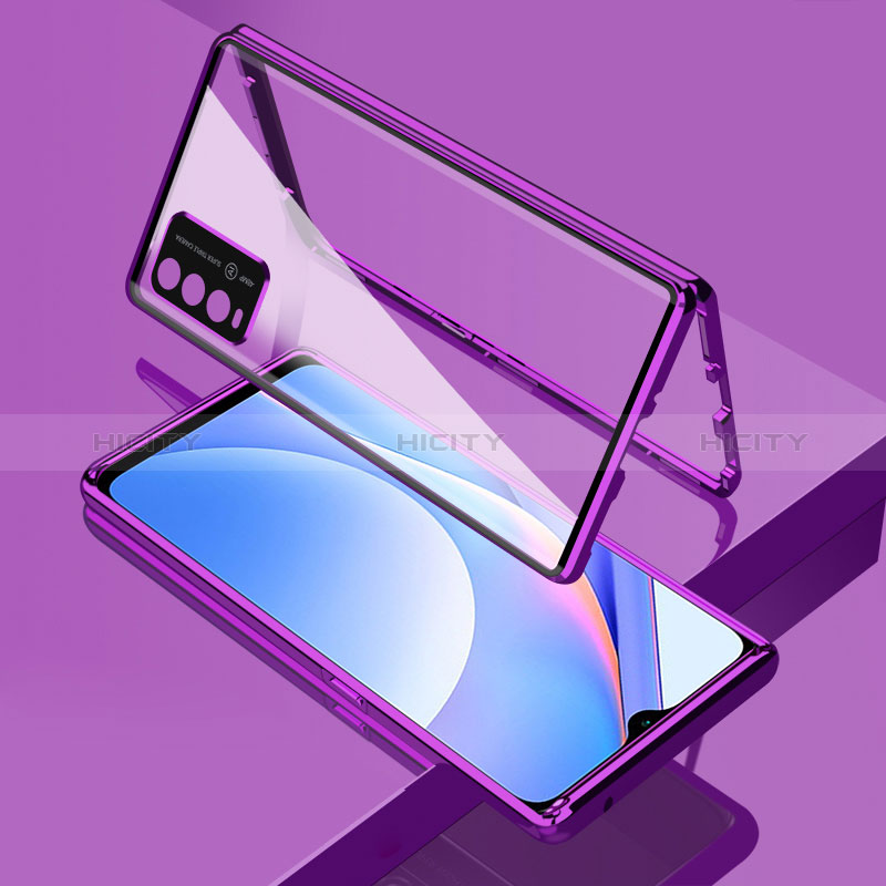 Handyhülle Hülle Luxus Aluminium Metall Rahmen Spiegel 360 Grad Ganzkörper Tasche für Xiaomi Redmi Note 9 4G Violett Plus