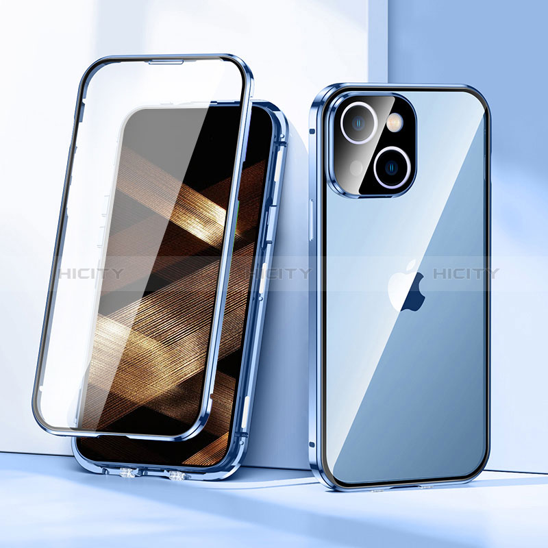 Handyhülle Hülle Luxus Aluminium Metall Rahmen Spiegel 360 Grad Ganzkörper Tasche LK1 für Apple iPhone 15 Blau Plus