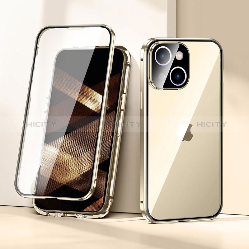 Handyhülle Hülle Luxus Aluminium Metall Rahmen Spiegel 360 Grad Ganzkörper Tasche LK1 für Apple iPhone 15 Gold