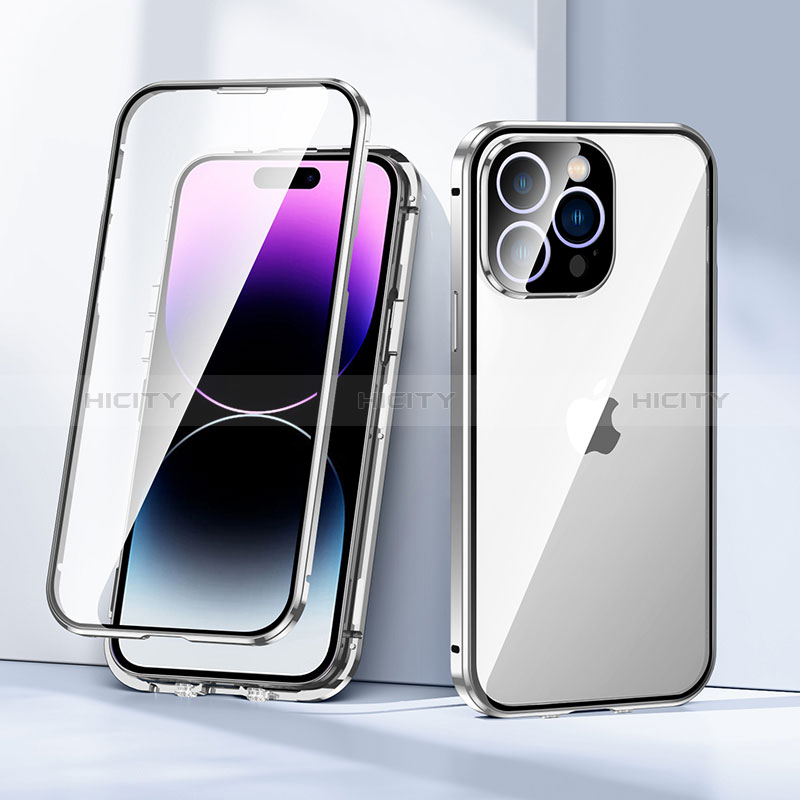 Handyhülle Hülle Luxus Aluminium Metall Rahmen Spiegel 360 Grad Ganzkörper Tasche LK2 für Apple iPhone 14 Pro Max Silber Plus