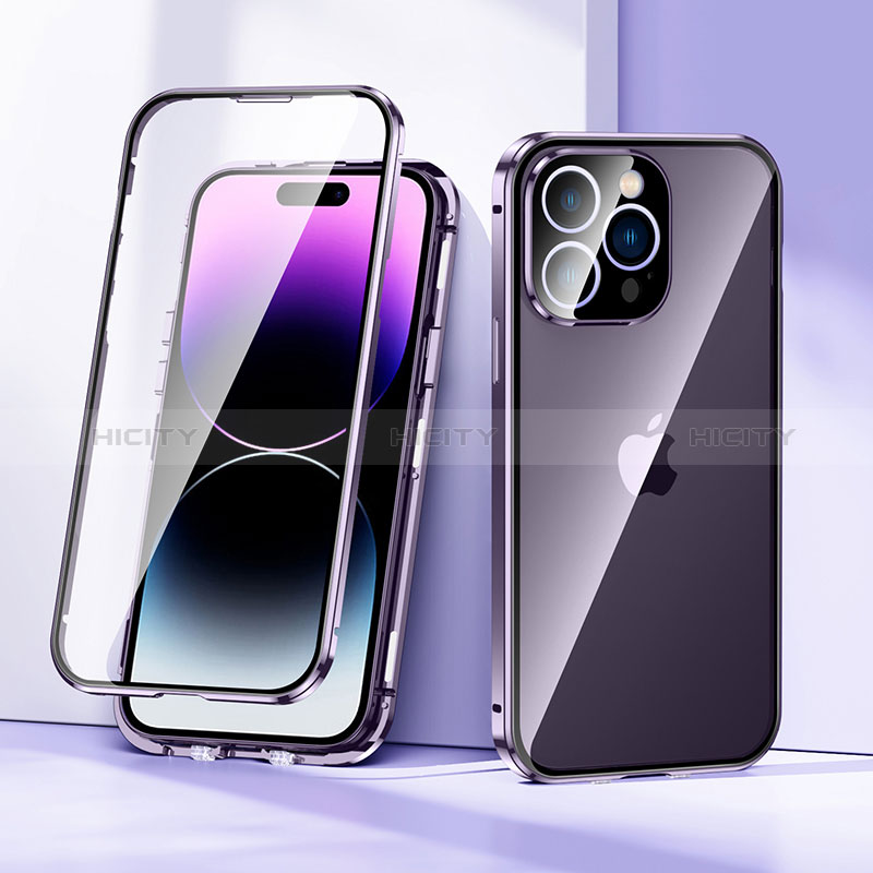 Handyhülle Hülle Luxus Aluminium Metall Rahmen Spiegel 360 Grad Ganzkörper Tasche LK2 für Apple iPhone 14 Pro Max Violett Plus