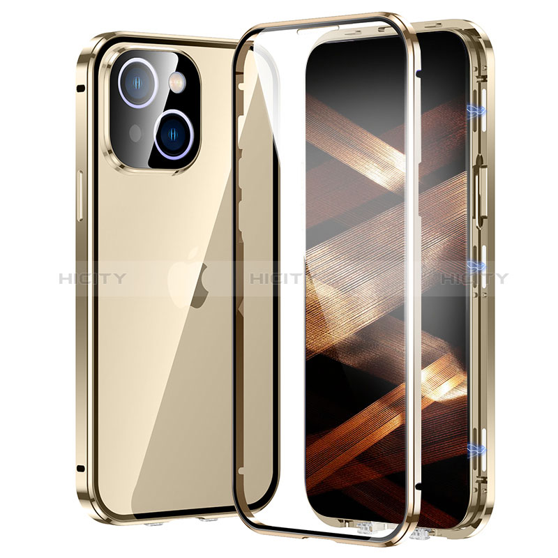 Handyhülle Hülle Luxus Aluminium Metall Rahmen Spiegel 360 Grad Ganzkörper Tasche LK2 für Apple iPhone 15 Gold Plus