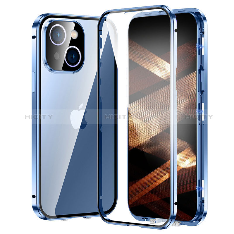 Handyhülle Hülle Luxus Aluminium Metall Rahmen Spiegel 360 Grad Ganzkörper Tasche LK2 für Apple iPhone 15 Plus Blau