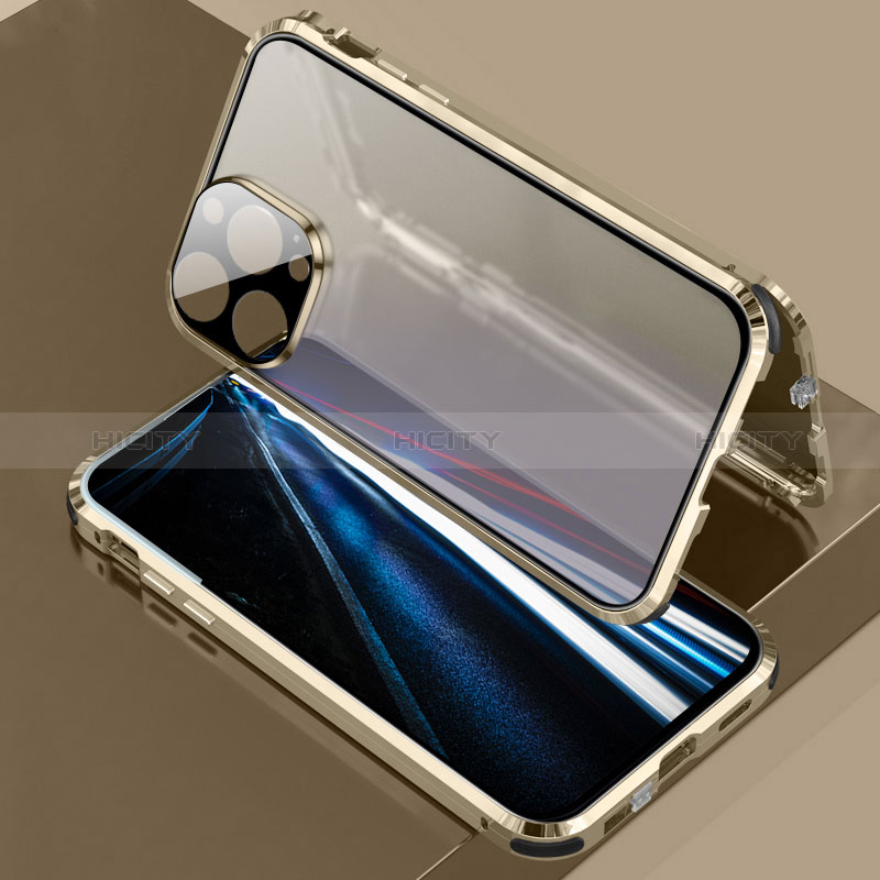 Handyhülle Hülle Luxus Aluminium Metall Rahmen Spiegel 360 Grad Ganzkörper Tasche LK3 für Apple iPhone 13 Pro Gold Plus