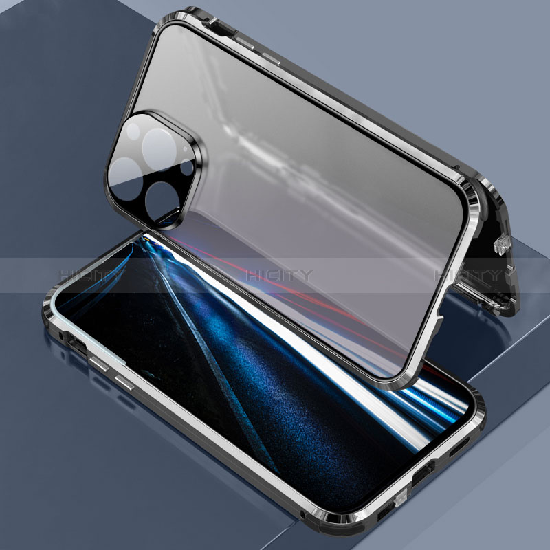 Handyhülle Hülle Luxus Aluminium Metall Rahmen Spiegel 360 Grad Ganzkörper Tasche LK3 für Apple iPhone 13 Pro Max Schwarz