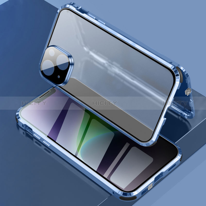 Handyhülle Hülle Luxus Aluminium Metall Rahmen Spiegel 360 Grad Ganzkörper Tasche LK3 für Apple iPhone 14 Blau Plus