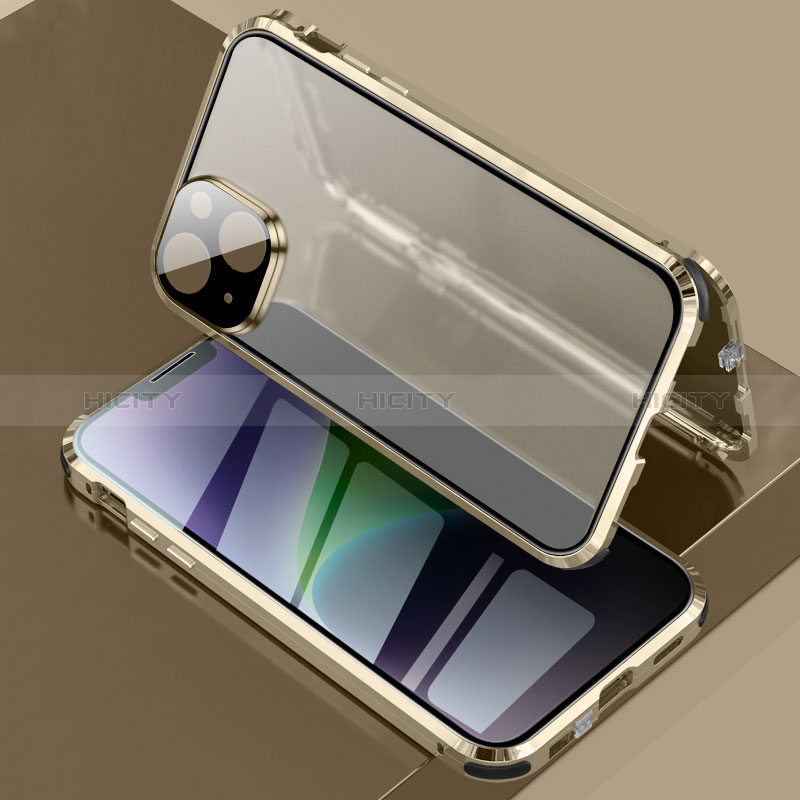 Handyhülle Hülle Luxus Aluminium Metall Rahmen Spiegel 360 Grad Ganzkörper Tasche LK3 für Apple iPhone 14 Plus Gold