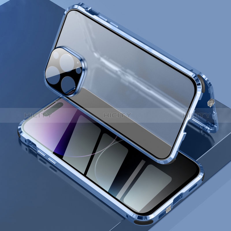 Handyhülle Hülle Luxus Aluminium Metall Rahmen Spiegel 360 Grad Ganzkörper Tasche LK3 für Apple iPhone 14 Pro Blau