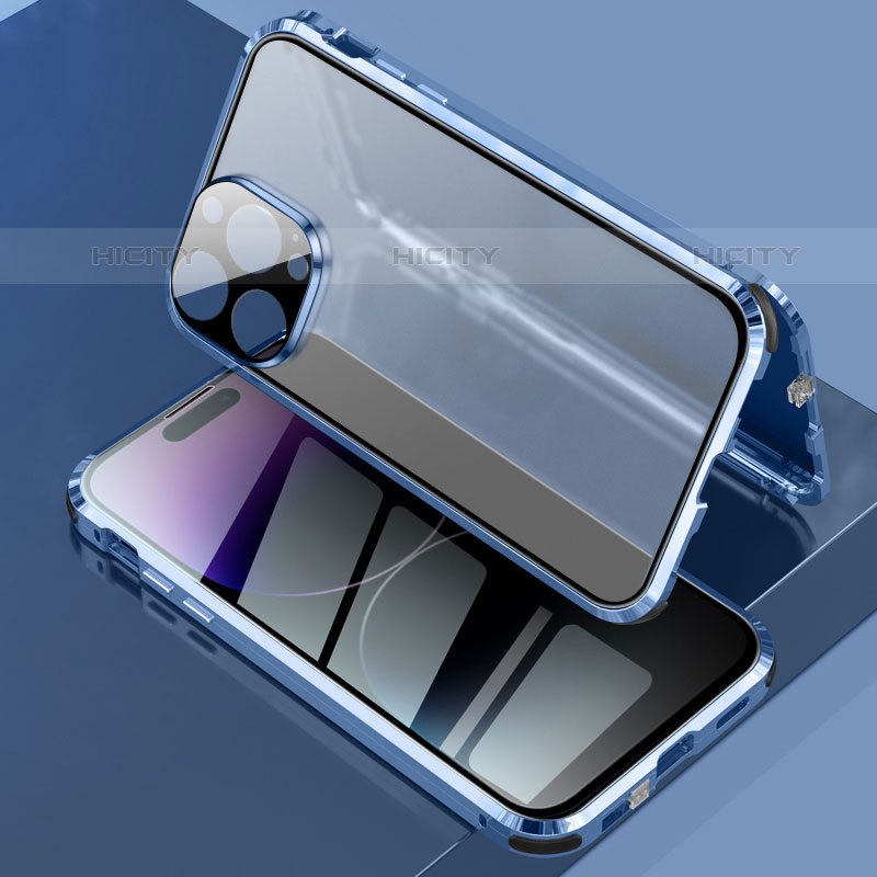 Handyhülle Hülle Luxus Aluminium Metall Rahmen Spiegel 360 Grad Ganzkörper Tasche LK3 für Apple iPhone 15 Pro Blau Plus