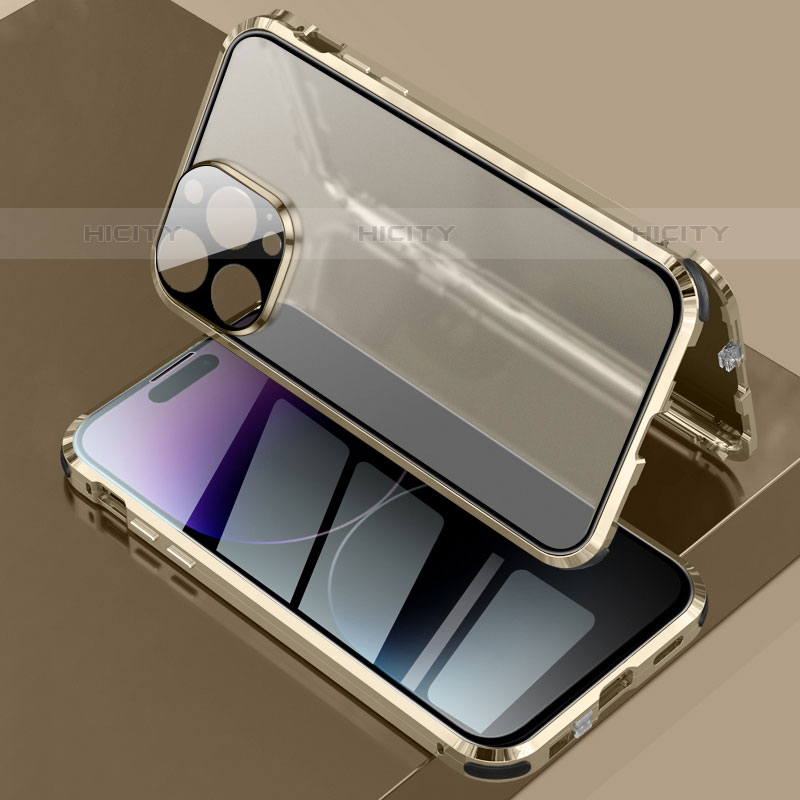 Handyhülle Hülle Luxus Aluminium Metall Rahmen Spiegel 360 Grad Ganzkörper Tasche LK3 für Apple iPhone 15 Pro Max Gold Plus