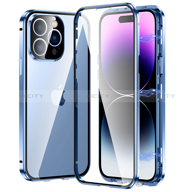 Handyhülle Hülle Luxus Aluminium Metall Rahmen Spiegel 360 Grad Ganzkörper Tasche LO1 für Apple iPhone 15 Pro Blau Plus