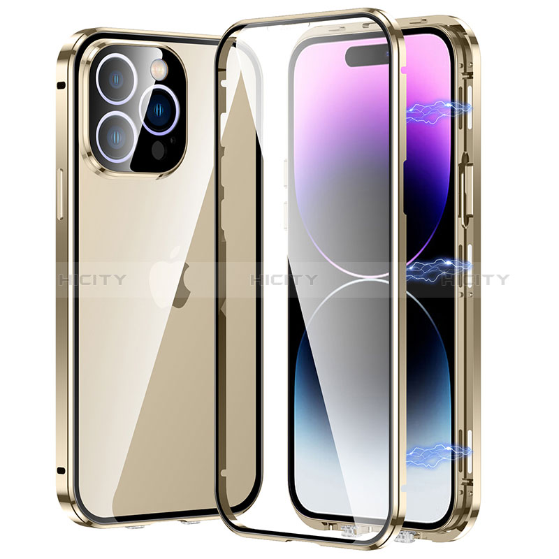 Handyhülle Hülle Luxus Aluminium Metall Rahmen Spiegel 360 Grad Ganzkörper Tasche LO1 für Apple iPhone 15 Pro Gold Plus