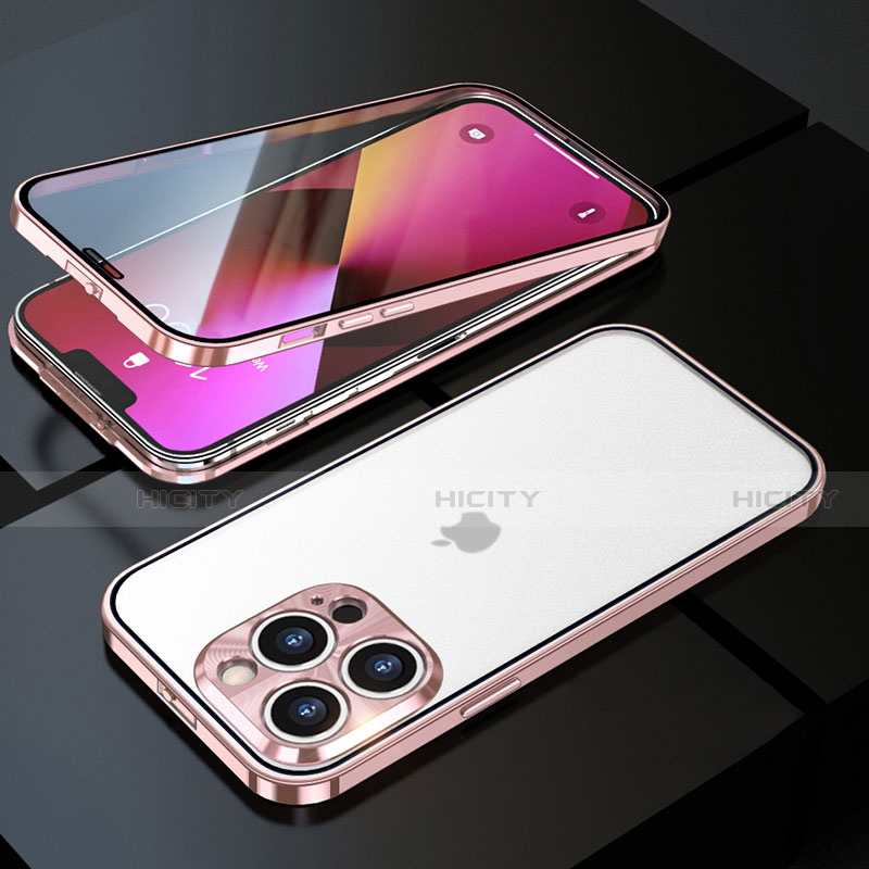 Handyhülle Hülle Luxus Aluminium Metall Rahmen Spiegel 360 Grad Ganzkörper Tasche M01 für Apple iPhone 13 Pro Rosegold