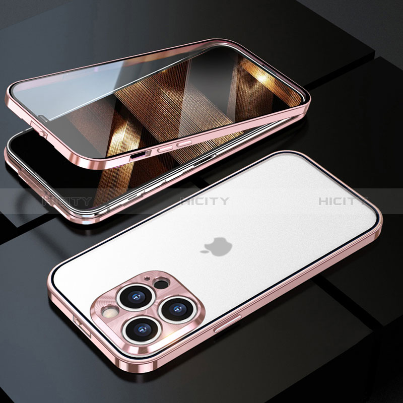 Handyhülle Hülle Luxus Aluminium Metall Rahmen Spiegel 360 Grad Ganzkörper Tasche M01 für Apple iPhone 14 Pro Max Rosegold