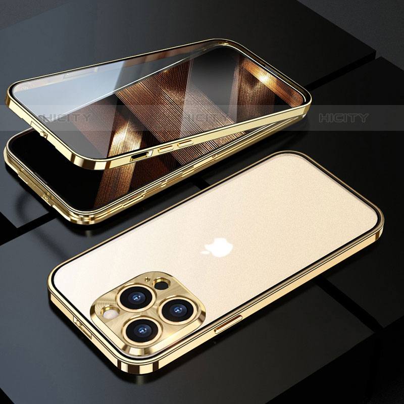 Handyhülle Hülle Luxus Aluminium Metall Rahmen Spiegel 360 Grad Ganzkörper Tasche M01 für Apple iPhone 15 Pro Gold