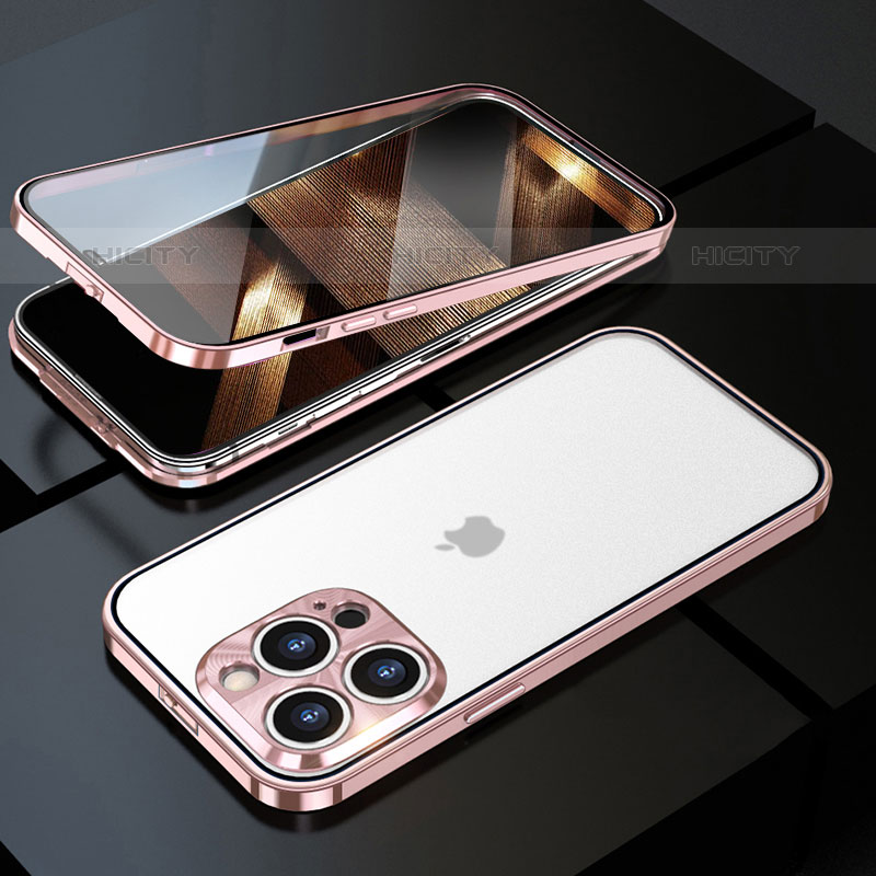 Handyhülle Hülle Luxus Aluminium Metall Rahmen Spiegel 360 Grad Ganzkörper Tasche M01 für Apple iPhone 16 Pro Max Rosegold Plus