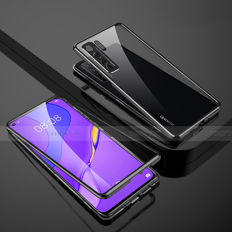 Handyhülle Hülle Luxus Aluminium Metall Rahmen Spiegel 360 Grad Ganzkörper Tasche M01 für Huawei P40 Lite 5G Schwarz Plus
