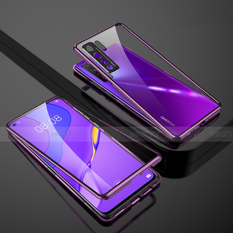 Handyhülle Hülle Luxus Aluminium Metall Rahmen Spiegel 360 Grad Ganzkörper Tasche M01 für Huawei P40 Lite 5G Violett