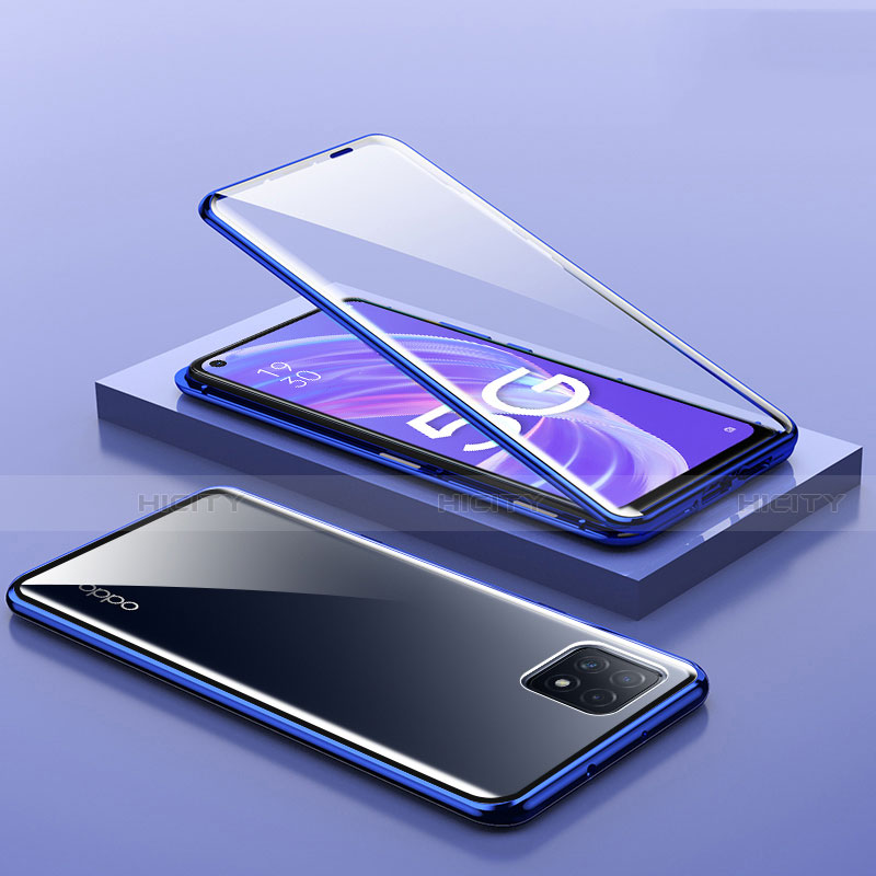 Handyhülle Hülle Luxus Aluminium Metall Rahmen Spiegel 360 Grad Ganzkörper Tasche M01 für Oppo A73 5G Blau