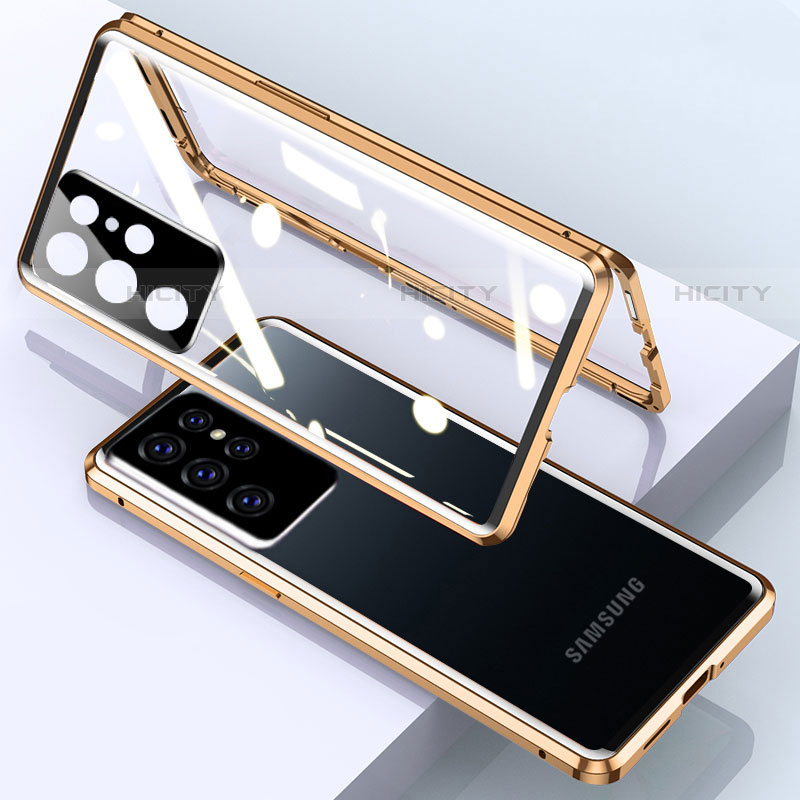 Handyhülle Hülle Luxus Aluminium Metall Rahmen Spiegel 360 Grad Ganzkörper Tasche M01 für Samsung Galaxy S21 Ultra 5G Gold